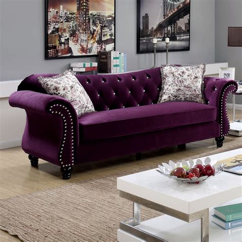 Furniture Of America Tese Traditional Purple Fabric Nailhead Sofa