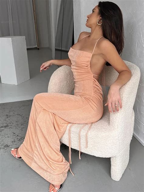 Hugcitar Solid Lace Up Backless Maxi Dress Bodycon Sexy Elegant Evening