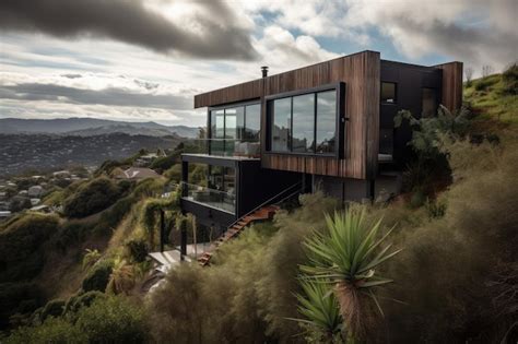 Premium Ai Image Modern Home Built On Steep Hillside With Stunning