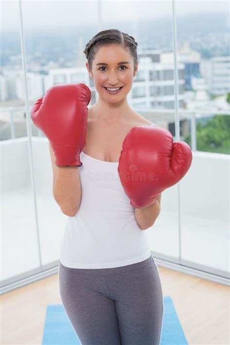 Smiling Sporty Brunette Wearing Red Boxing Gloves Stock Photo Image