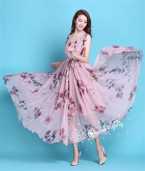 110 Colors Chiffon Pink Rose Flower Long Party Dress Evening Etsy
