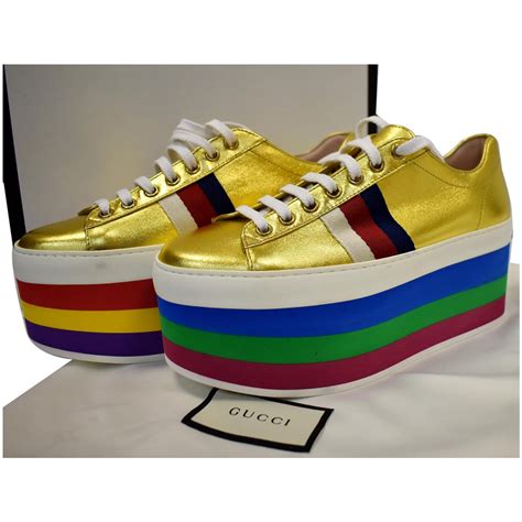 Gucci Peggy Rainbow Metallic Nappa Silk Platform Sneakers Gold 474538