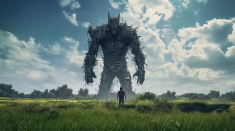 Premium Ai Image A Man Stands In A Field In Front Of A Giant Monster