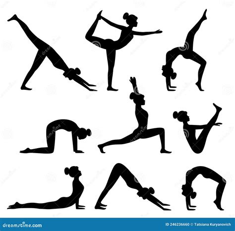 Set Of Silhouettes Of Yoga Postures Woman Doing Pilates Exercises