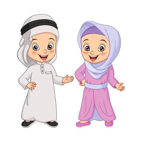 Dibujos Animados Feliz Musulmán árabe Niños Ilustración Vector Premium