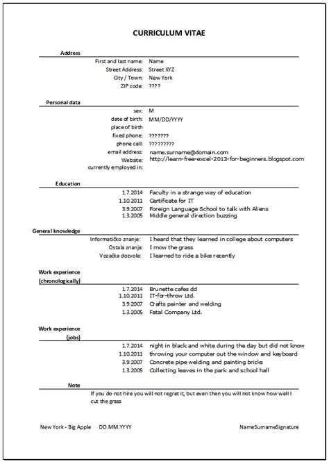 A resume is not just a document that chronicles your work experience, educational history, skill sets and accomplishments. CV Resume - Curriculum Vitae in Excel