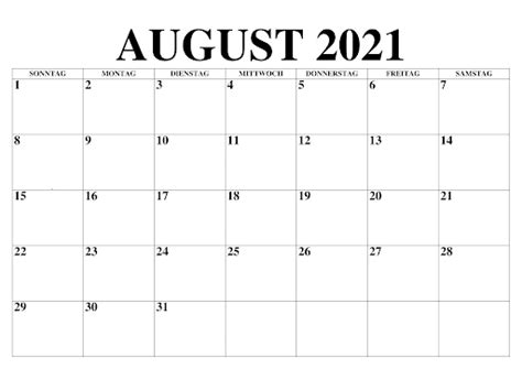 Wählen sie ihren monatskalender oder ihren jahreskalender für 2021. August 2021 Kalender Zum Ausdrucken [PDF, Excel, Word ...