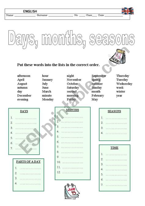 Ejercicio De Days Months And Seasons