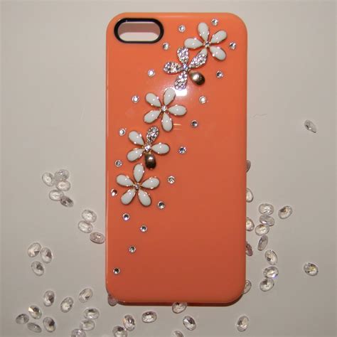 Peach Iphone 5 Case With Rhinestones And Flowers Electronics