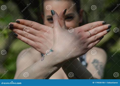 Hands Like A Bird Sign Young Woman Crossing Hands Forming A Flying