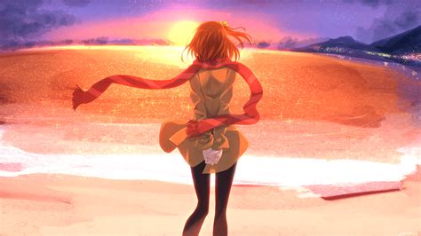 Wallpaper Redhead Sunset Anime Girls Water Shore