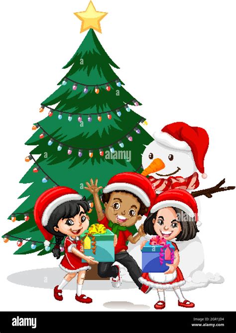 Children Wear Christmas Costume Cartoon Character With Snowman On White