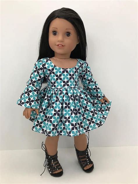 18 Inch18” Doll Clothes Aqua And Black Print Dress With Bell Sleeves