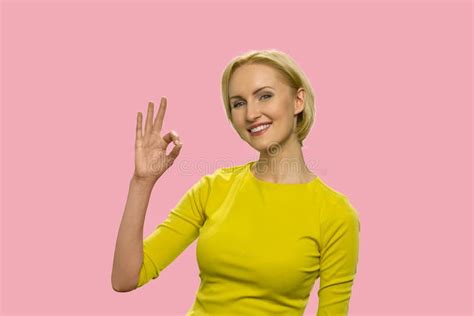 Beautiful Woman Showing Okay Sign With Fingers Stock Image Image Of