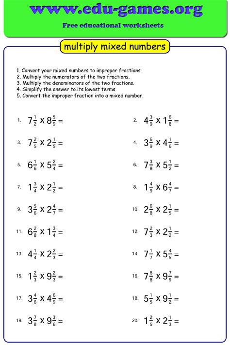 Math Worksheets Multiplying Mixed Numbers