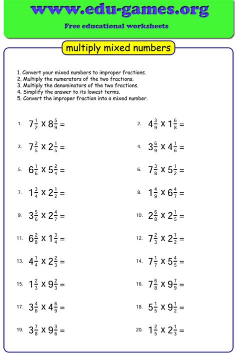 Multiplying Mixed Numbers Worksheet