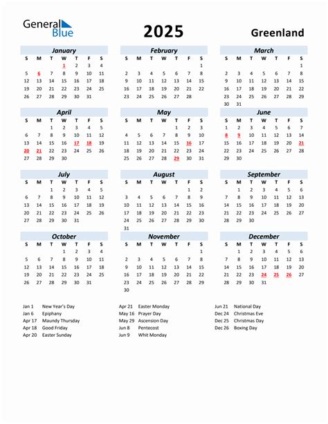 2025 Yearly Calendar For Greenland With Holidays