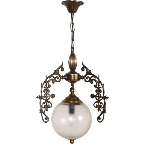 Art Nouveau Bronze And Brass Chandelier With Spherical Opaline Lamp