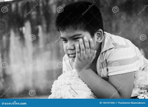 Cute Asian Boy Sad Alone In The Park Black And White Tone Stock Photo