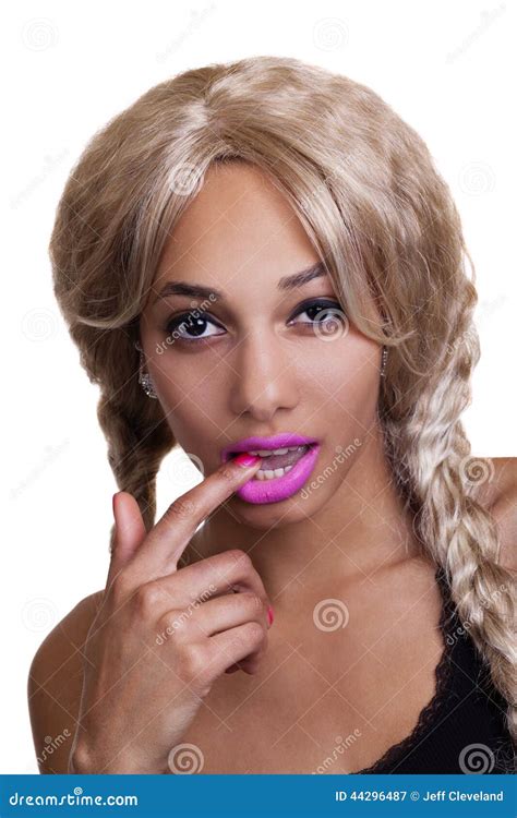 Black Woman Blond Wig Finger In Mouth Stock Image Image Of Attractive