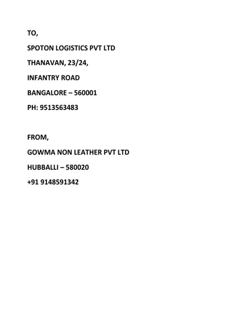 To Spoton Logistics Pvt Ltd Thanavan 2324 Infantry Road Bangalore