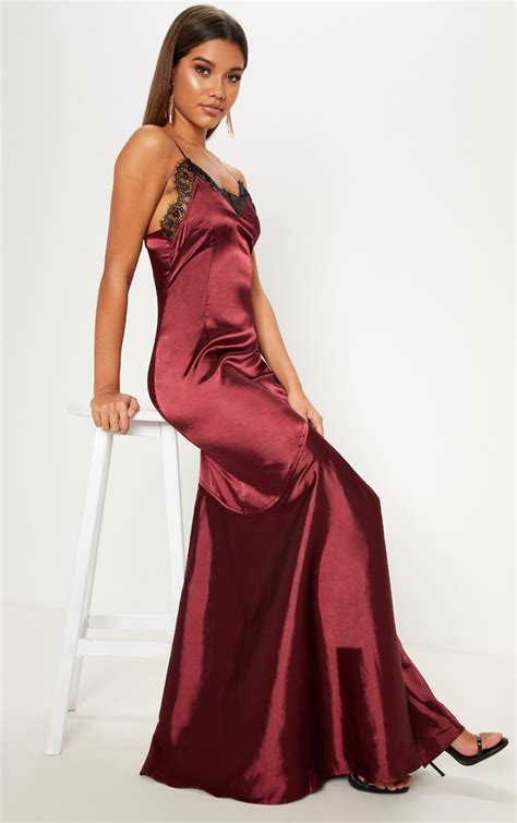 Burgundy Satin Lace Trim Maxi Dress Dresses Prettylittlething Ca