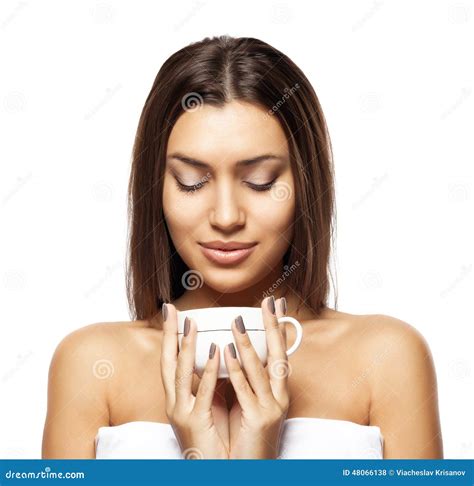 Beautiful Young Woman With Cup Of Coffee On White Background Stock