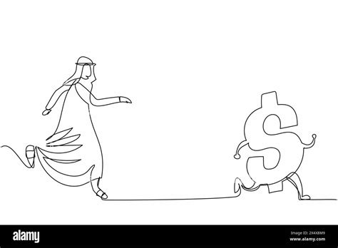 Single one line drawing Arab businessman chasing dollar symbol. Pursuit