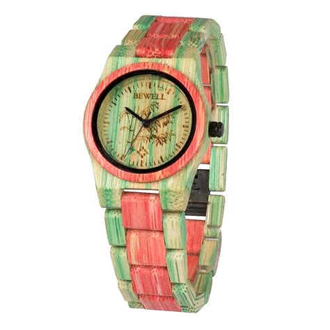 Bewell Womens Pink And Green Wood Bamboo Wood Watch Pink Ladies