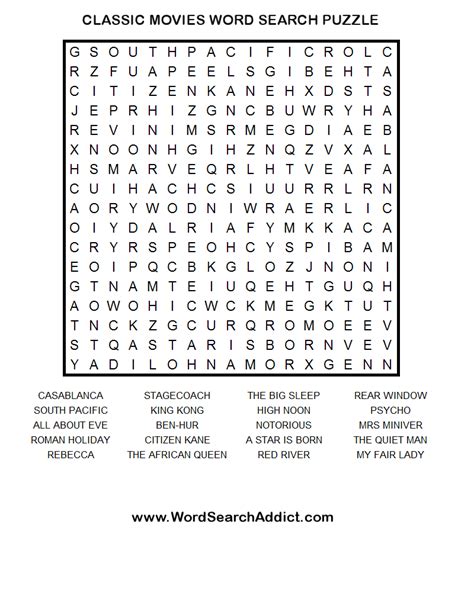 A great collection of word search puzzles covering disney movies, characters, songs and villains. Classic Movies Printable Word Search Puzzle | Word puzzles, Disney word, Word find