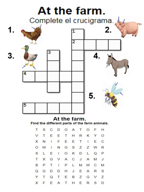 Great for building vocabulary and testing grammar and a lot more fun than a test. Crossword and worksheet. At the farm. - Interactive worksheet