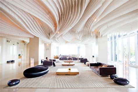 Extraordinary Hotel Lobby Decoration With Unique Ceiling And Furniture