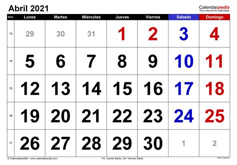 Calendario Abril 2021 En Word Excel Y Pdf Calendarpedia