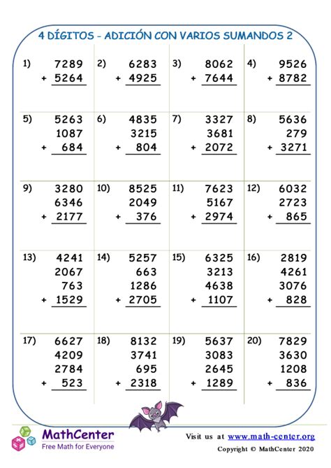 Cuarto Grado Hojas De Trabajo Sumas De Varias Cifras Con Llevadas