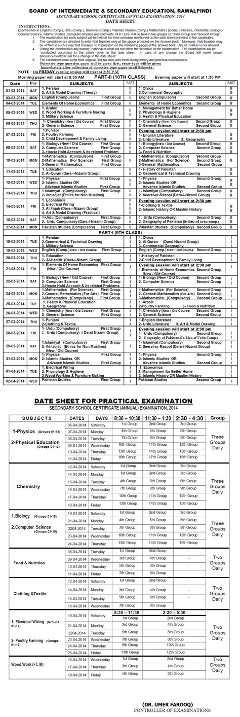 Bise Rawalpindi Board Date Sheet 9th Class 2015