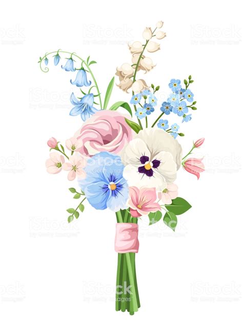 Vector Bouquet Of Pink Blue And White Spring Flowers Isolated On A