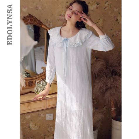 White Cotton Ruffled Night Wear Home Dress Women Autumn Sleepwear Long