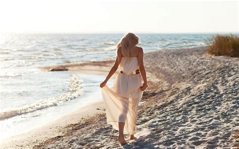 Wallpaper Sunlight Women Outdoors Model Blonde Sea Long Hair Shore Sand White Dress