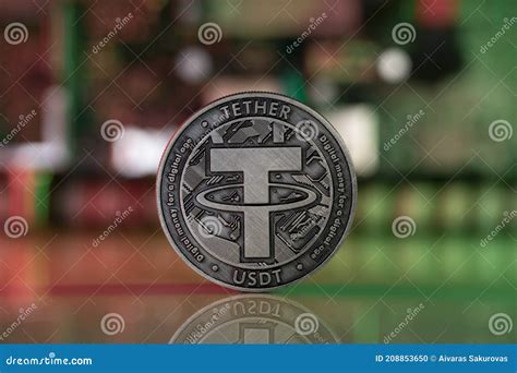 Tether USDT Crypto Coin Placed On Reflective Surface With Microscheme In The Background And Lit