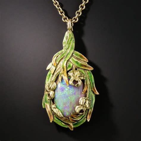 Art Nouveau Boulder Opal Enameled Pendant Necklace Deco Jewelry Art