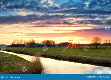 Beautiful Sunset In Farmland Stock Image Image Of River Horizon