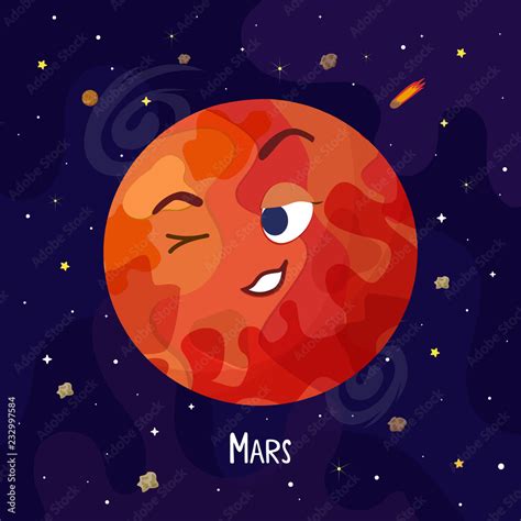 Cute Cartoon Mars Planet Character Space Vector Illustration Stock