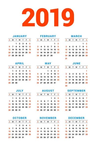 Calendar For 2019 Year On White Background Week Starts Monday Vector