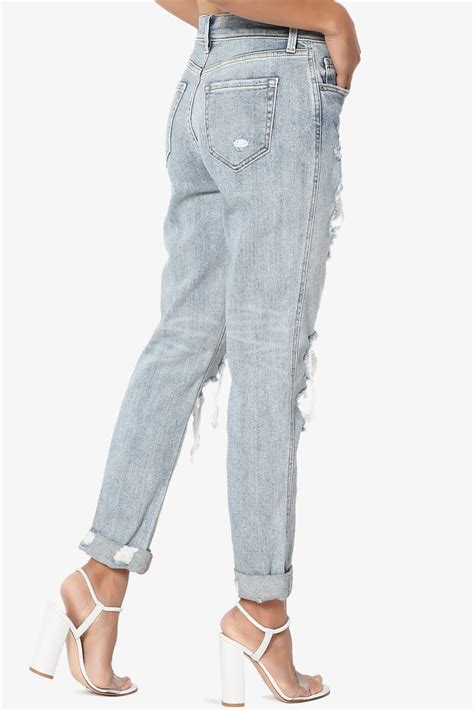 Themogan Womens Distressed Destructed Washed Denim High Rise Relaxed