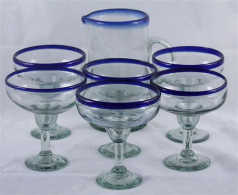 Hand Blown Mexican Glass Straight Sided 2 Qt Pitcher And 6 Margarita Glasses Cobalt Blue Rims