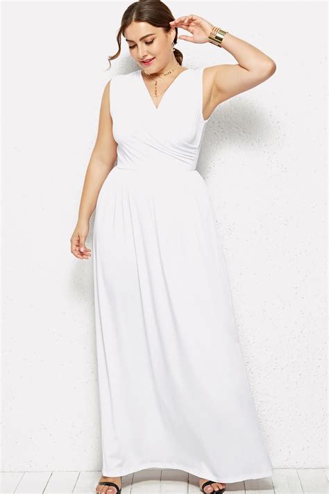 White Sleeveless V Neck Wrap Casual Maxi Plus Size Dress Casual White Dress White Plus Size