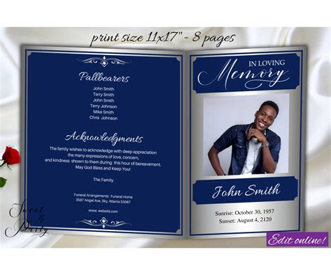 Navy Blue Silver Funeral Program Graduated Fold Template 11x17blue