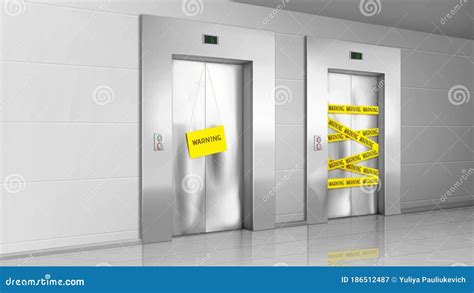 out of order elevator with closed door and information floor stand notifying malfunction sign