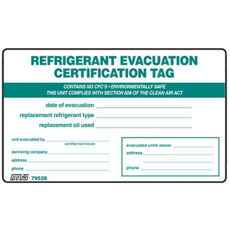 Mars Refrigerant Id Labels Refrigerant Evacuation Cert 79528