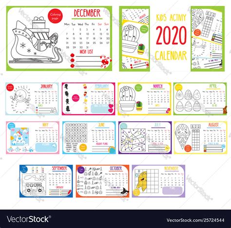 Kids Activity Calendar 2020 Annual Calendar With Vector Image